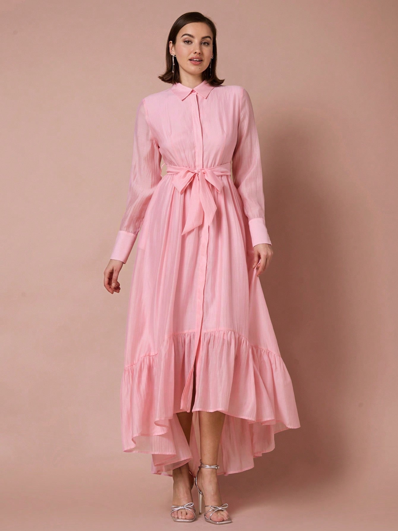 Pink long sleeve high low belted dress