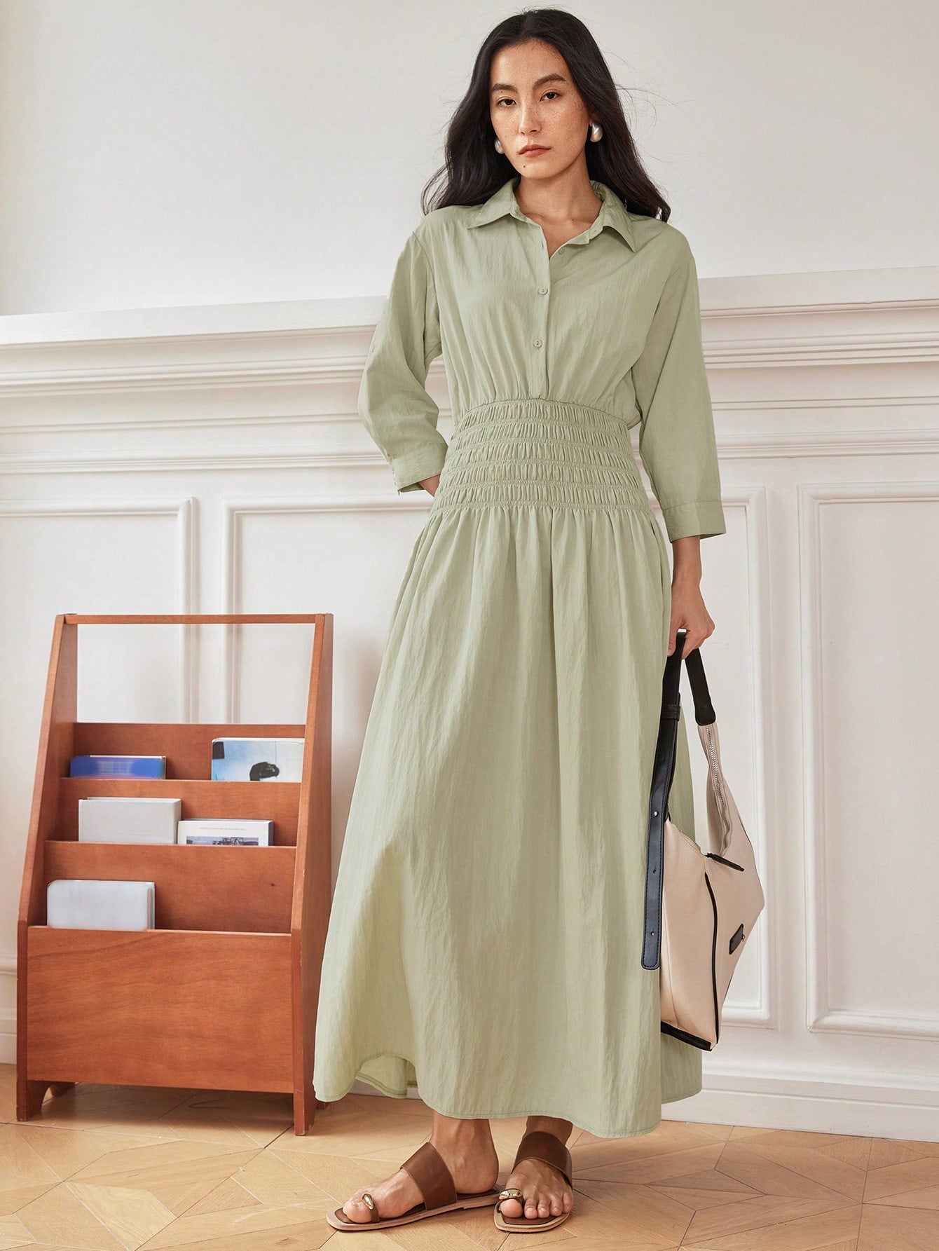Summer Women's Business Casual Cinched Waist Utility Inspired Midi Dre