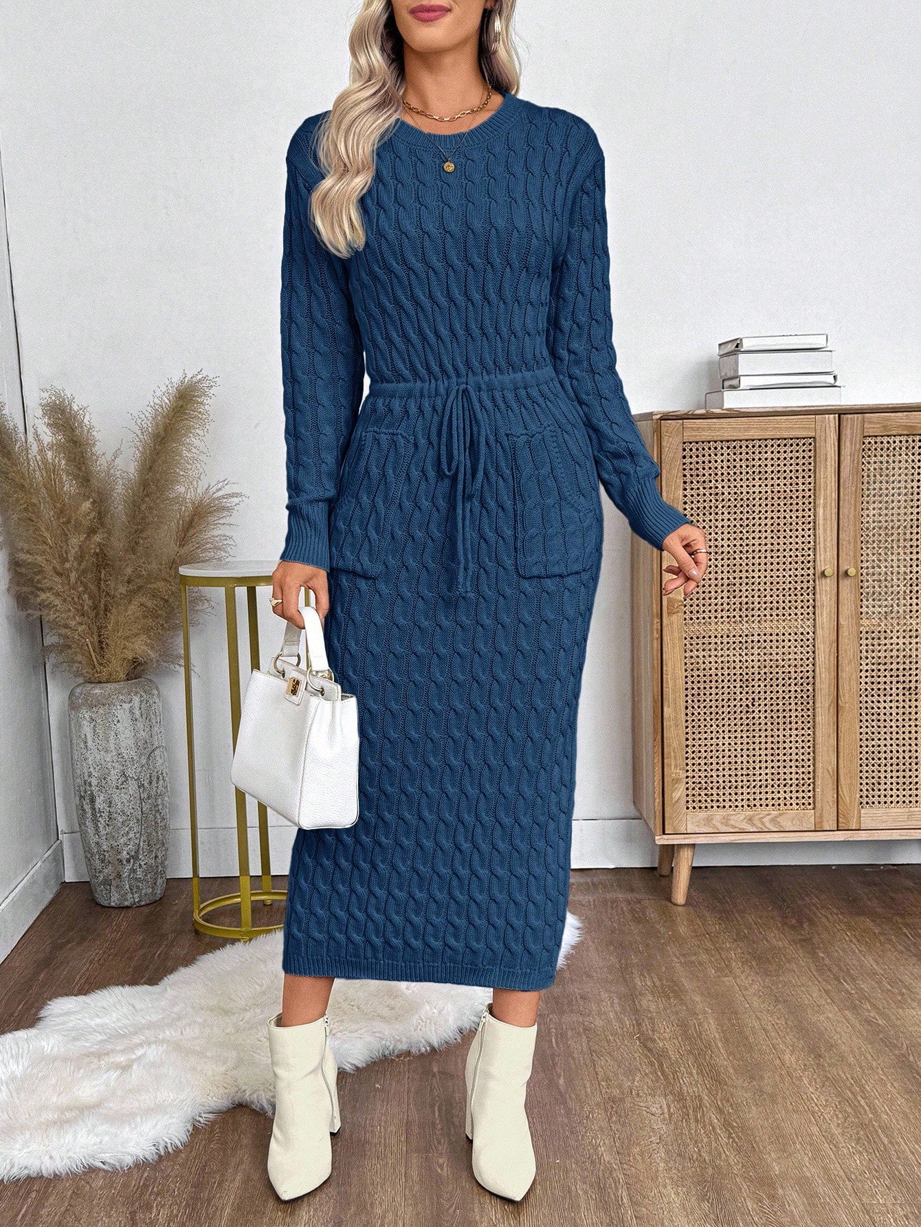 blue cable knit dress Blue Cable knit Dress with tie waist