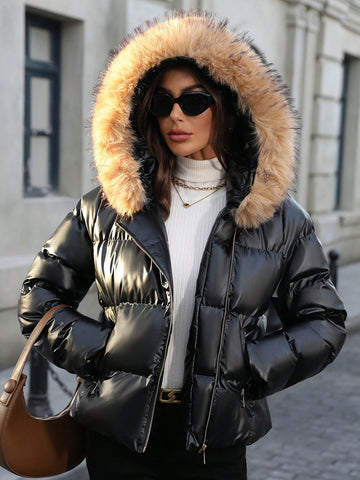 Black Puffer Coat with Fur Hood