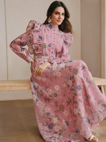 Anewsta elegant pink ruffle maxi dress