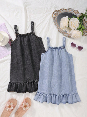 2 pc girls denim jumper dresses