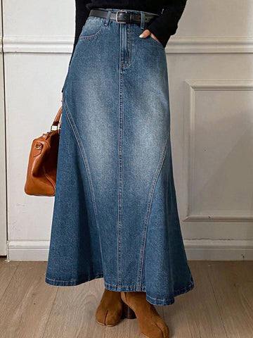 Women’s waisted denim a line skirt