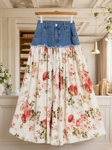 Floral print patchwork denim skirt