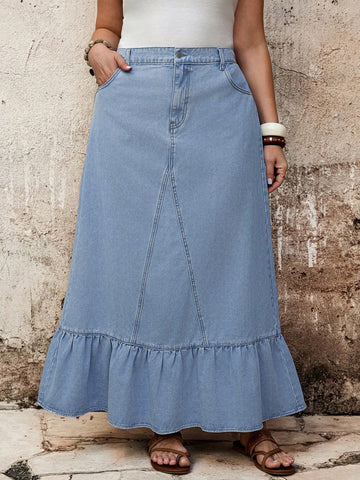 Plus size ruffle denim maxi skirt