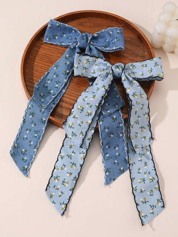 Denim floral bow clips