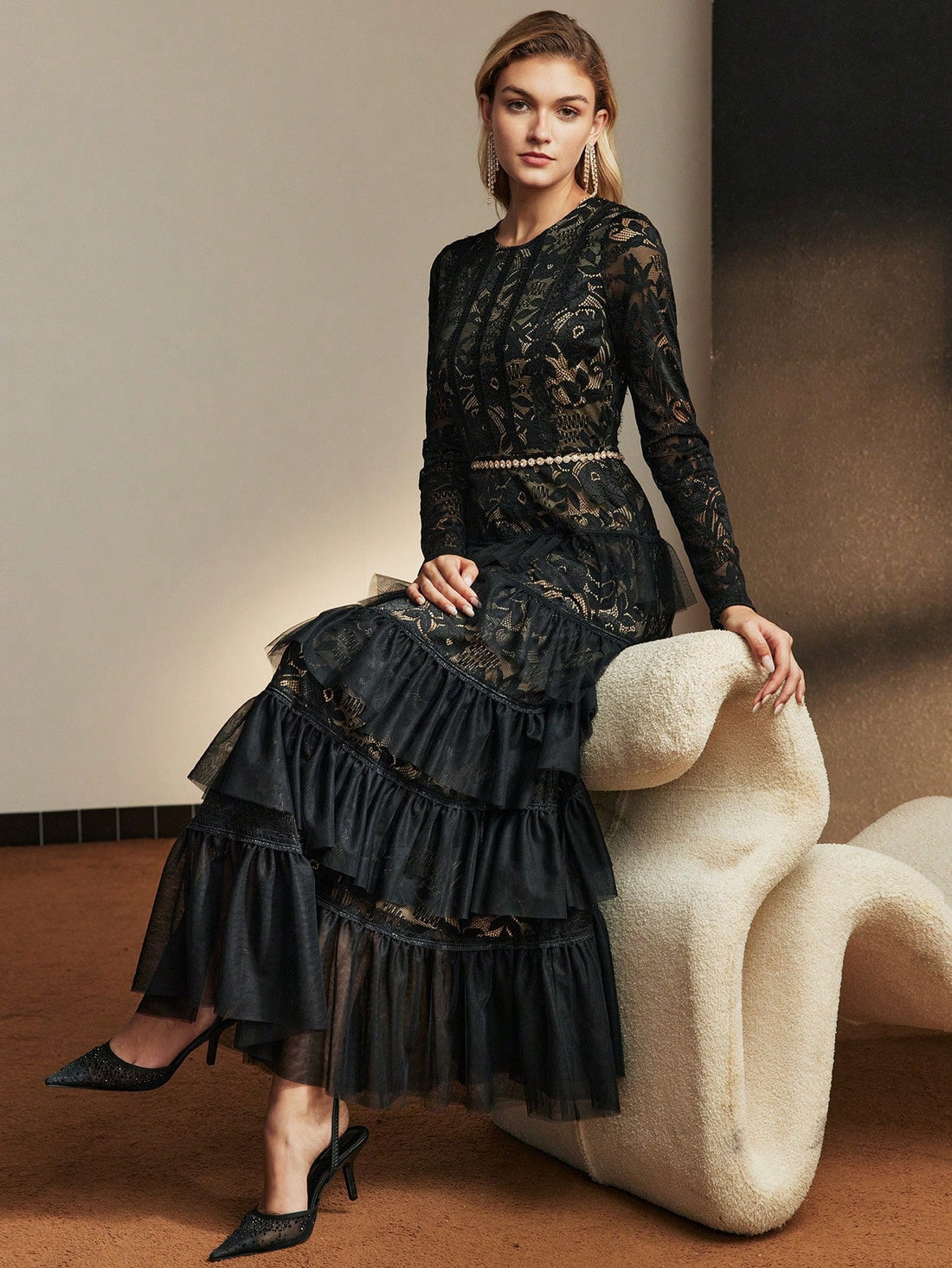 Black Lace Ruffle Maxi Dress