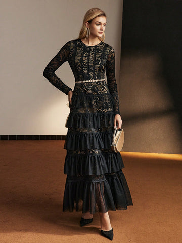 Black Lace Ruffle Maxi Dress