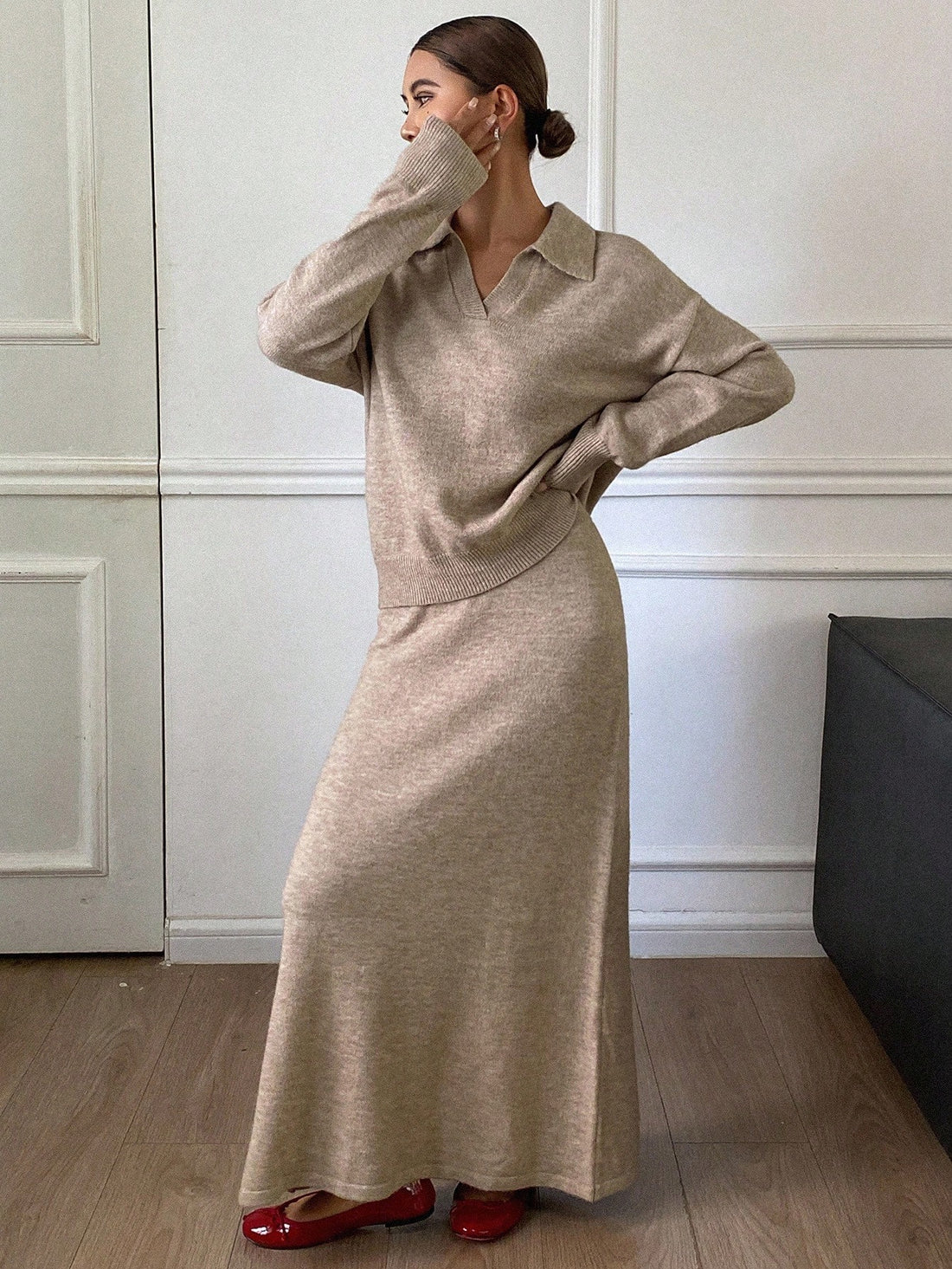 V Neck Sweater and Skirt Set