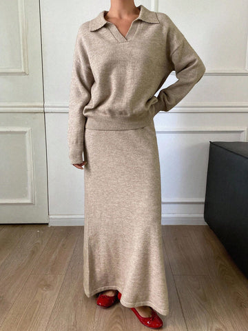 V Neck Sweater and Skirt Set