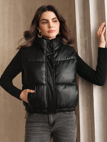 Leather PU Puffer Vest