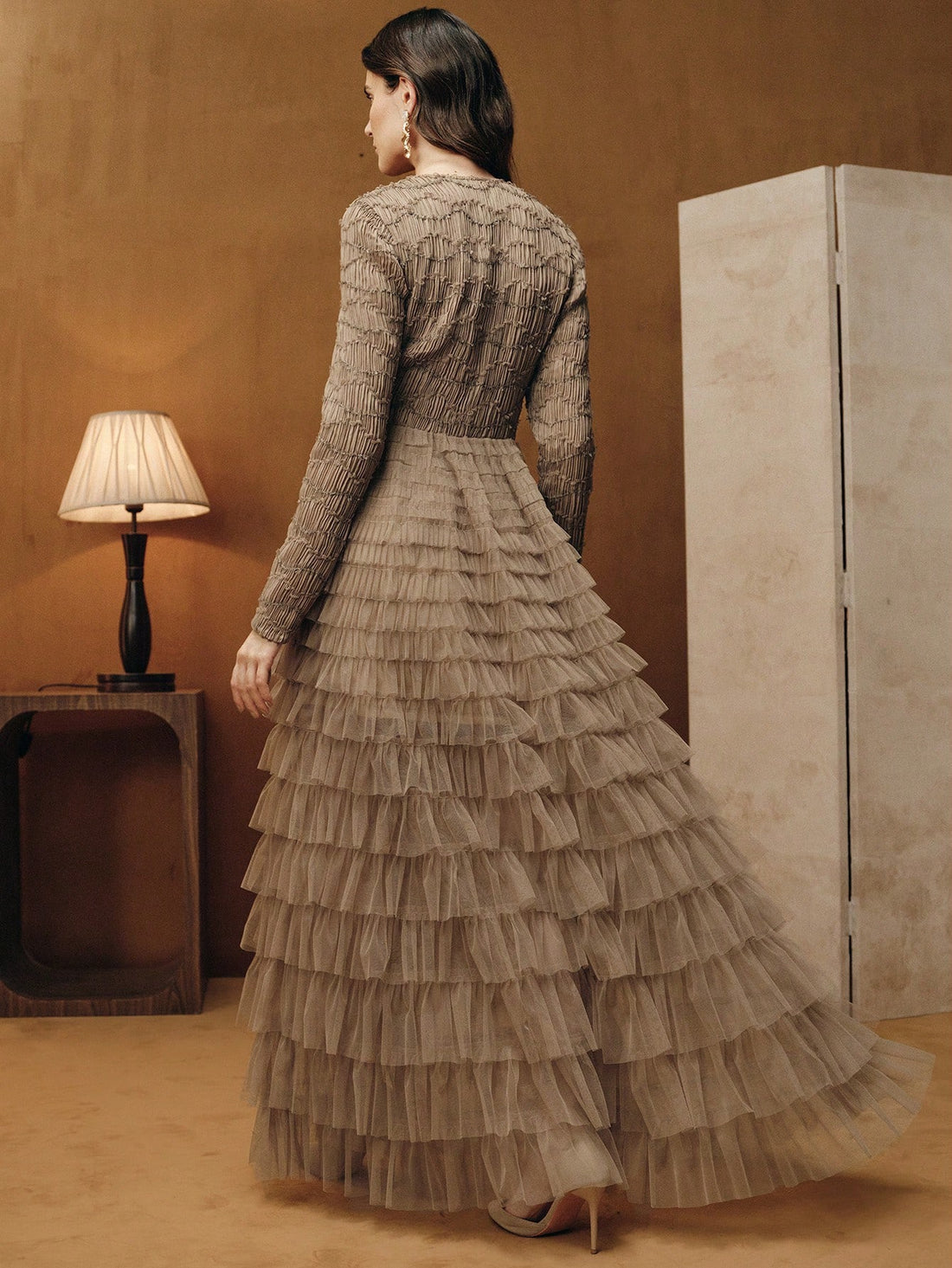 Brown Ruffle Skirt Tulle Gown