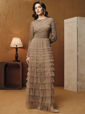 Brown Ruffle Skirt Tulle Gown