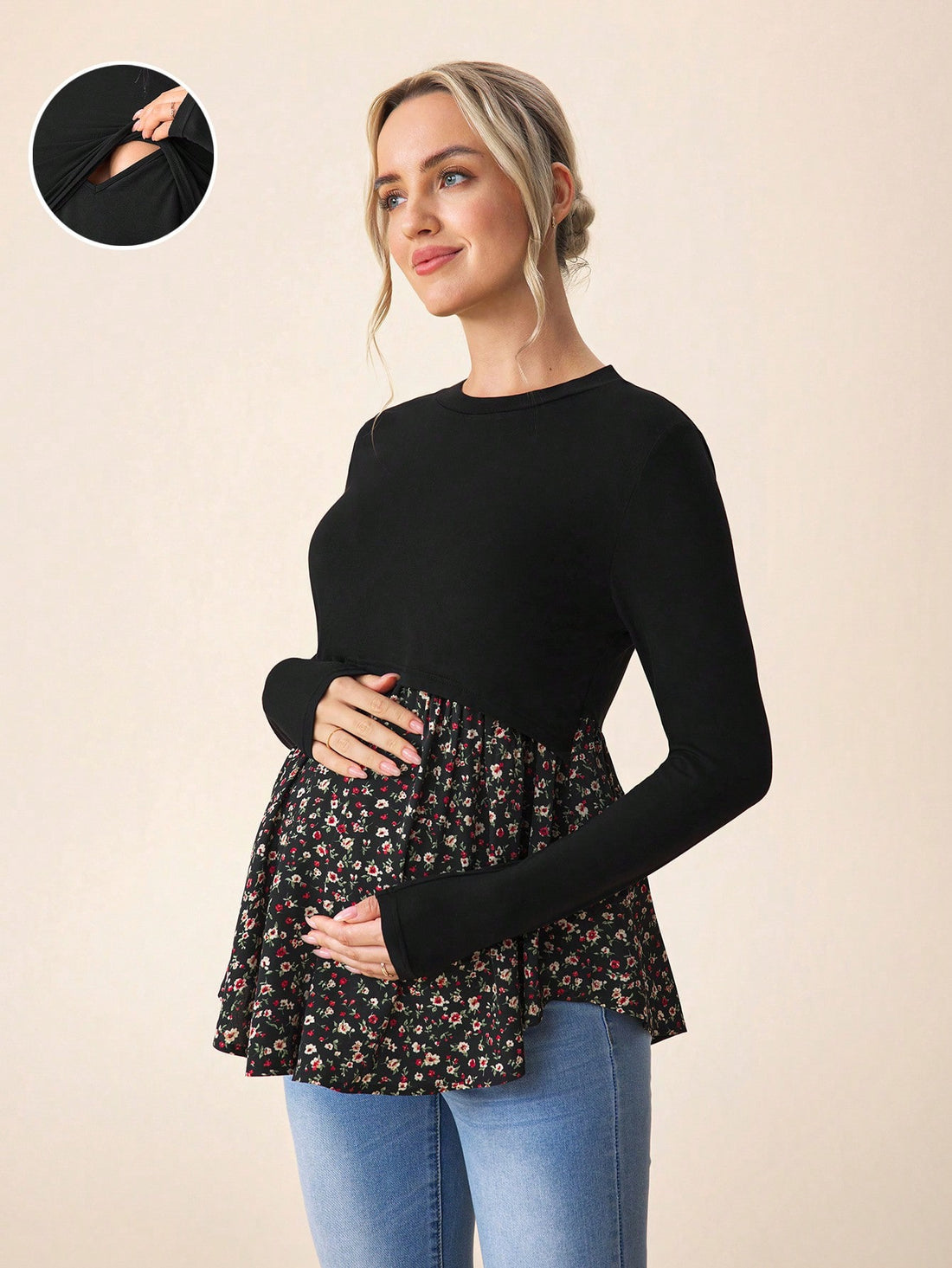 Maternity Color Block long sleeve Floral Tee