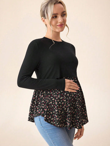 Maternity Color Block long sleeve Floral Tee