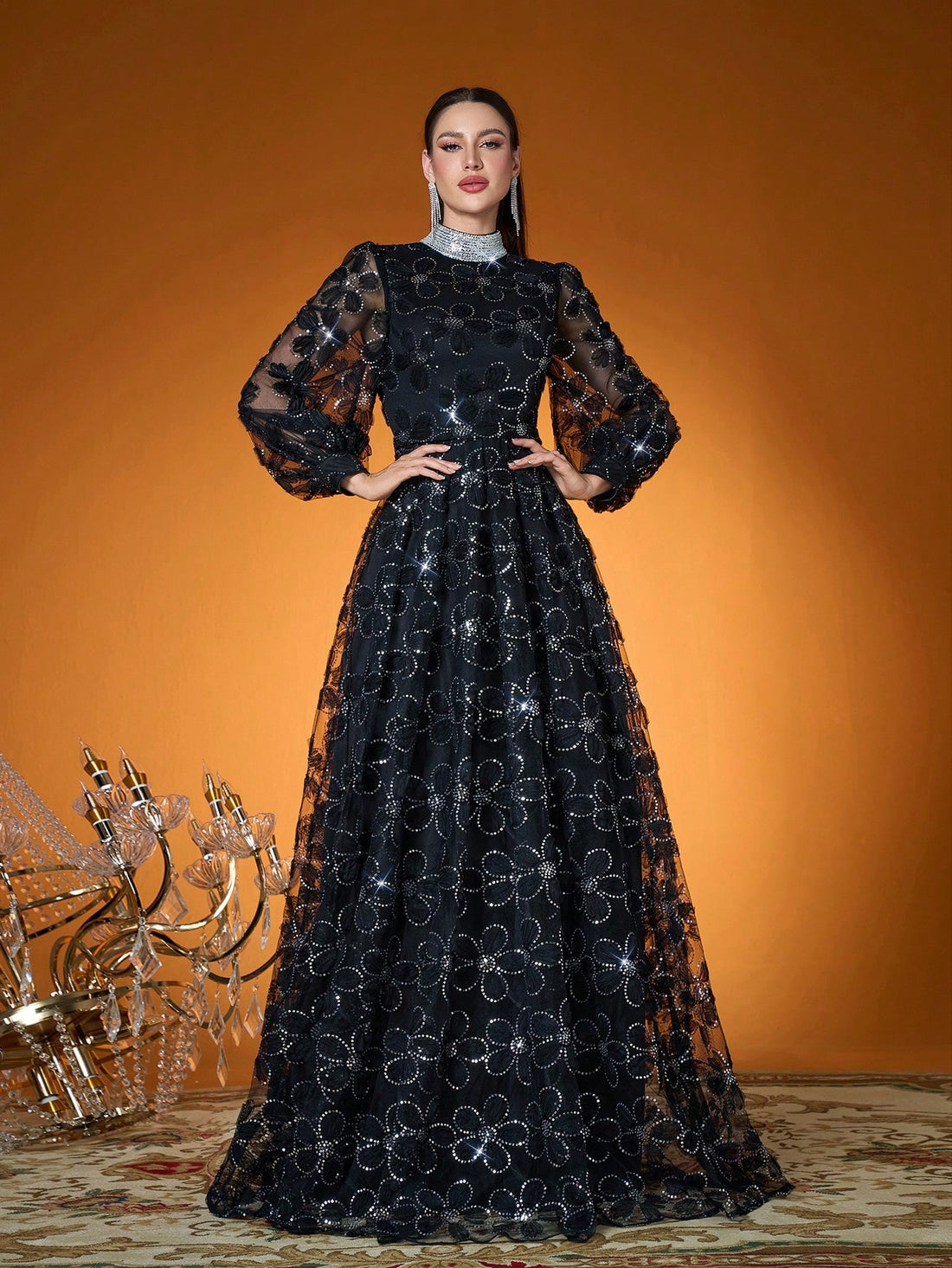 Floral High Neck Sequin Ball gown