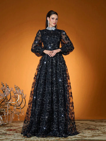 Floral High Neck Sequin Ball gown