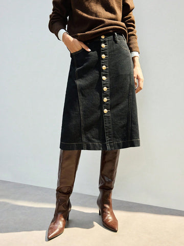 Black Denim Button down Midi Skirt