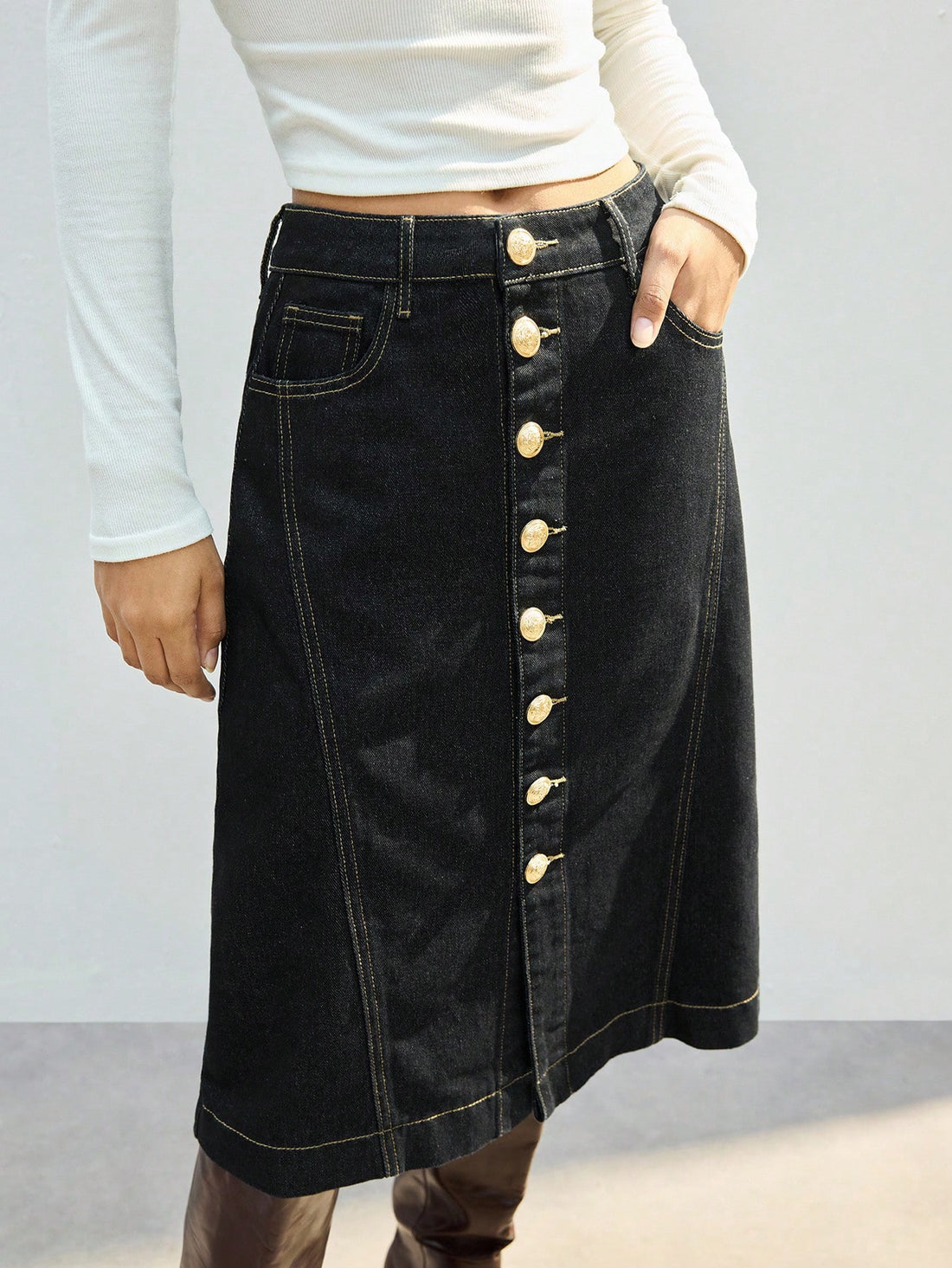 Black Denim Button down Midi Skirt