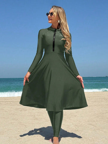 Long Sleeve Swim Dress with Leggings in Olive