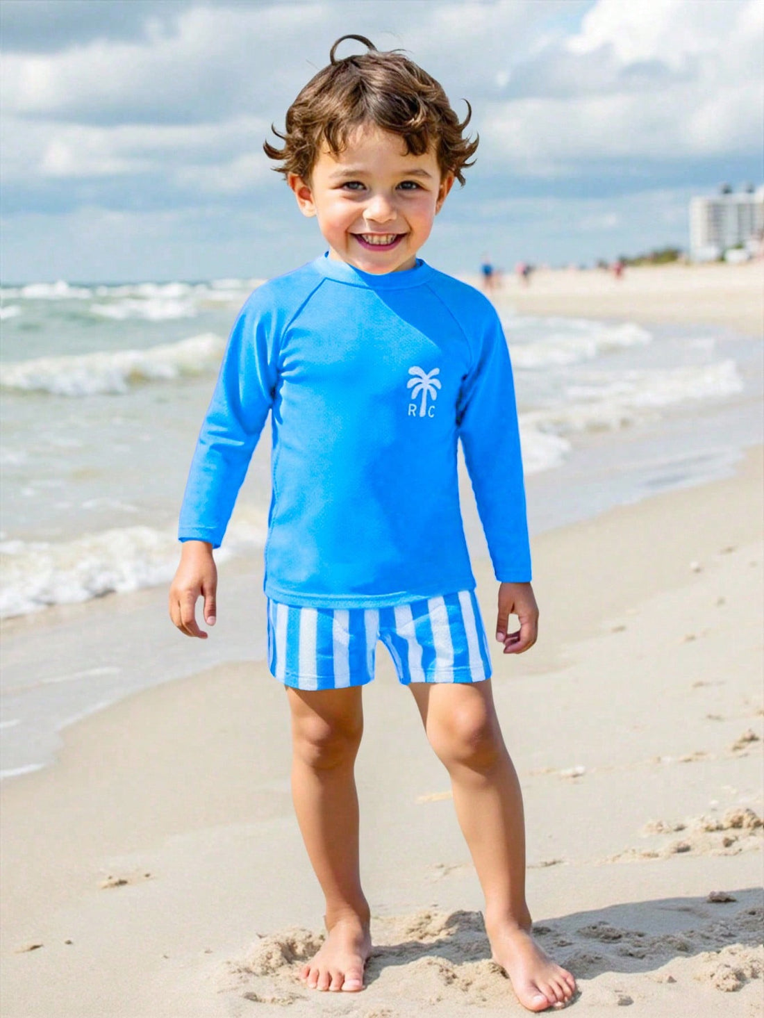Blue Boys Rashguard and striped Shorts set