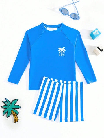 Blue Boys Rashguard and striped Shorts set