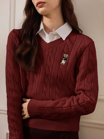 Maroon V neck Sweater with Bear Details