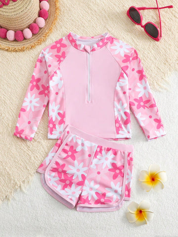 2 pc Girls Pink Swim Top and Shorts