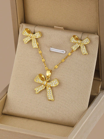 3 pc CZ gold bow necklace and earrings set kids