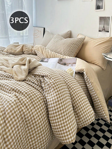 3 pc Gingham Taupe Bedding Set