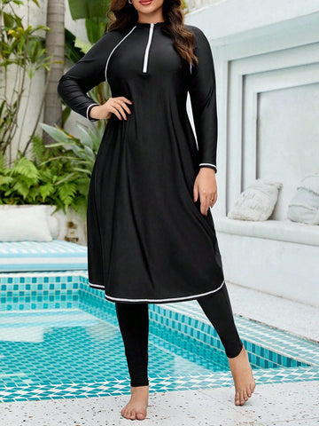 Black with white trim, modest swim dress