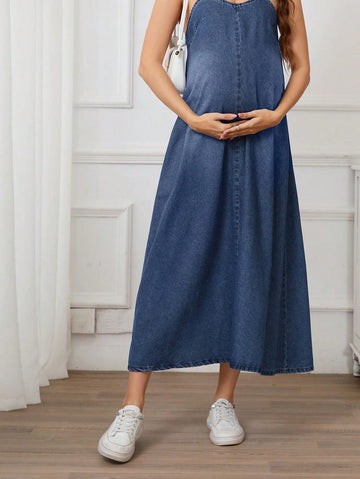 Maternity denim strapless dress