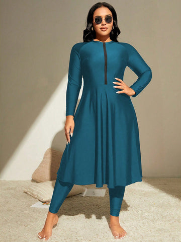 Plus size zip front turquoise swim dress and leggings