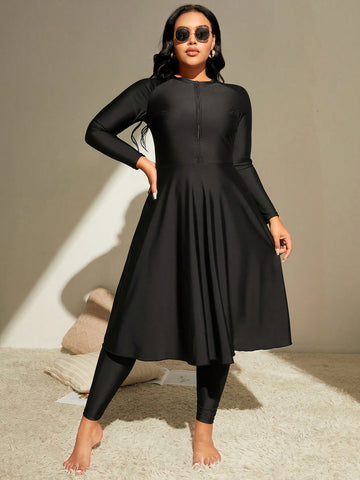 Plus size zip front Black swim dress and leggings
