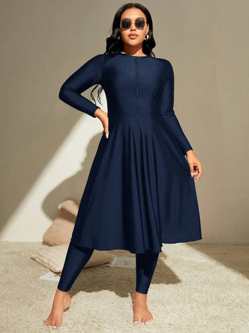 Plus size zip front navy swim dress and leggings
