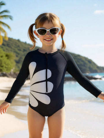 Black and white flower kids bathing suit