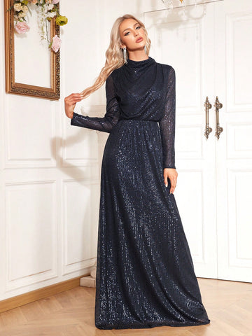 Mock neck, long sleeve sequin gown