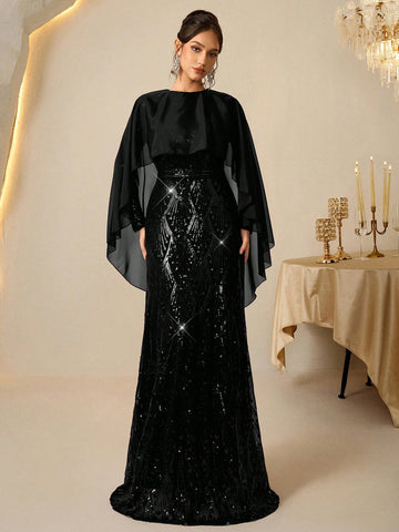 Black cape sequin gown
