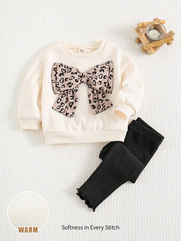 Baby bow sweatshirt, and black leggings set