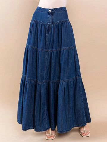 Layered denim maxi skirt
