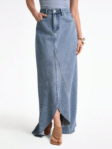 Asymmetric denim maxi skirt