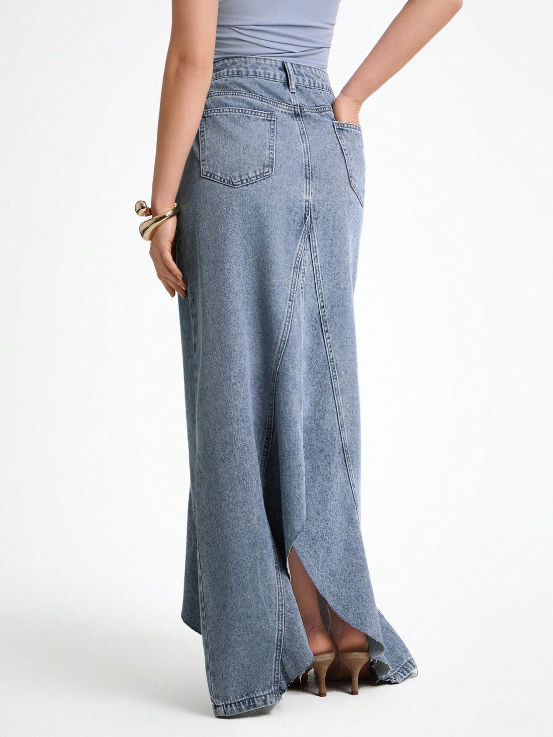 Asymmetric denim maxi skirt