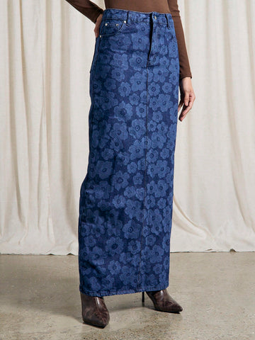 Denim floral maxi skirt