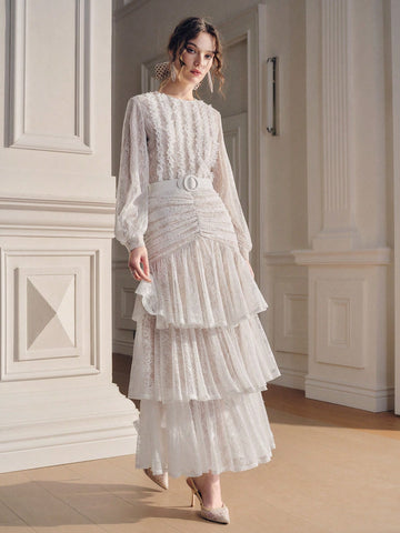 White elegant Ruffle maxi dress