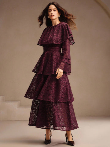 Lace Maroon ruffle Maxi dress