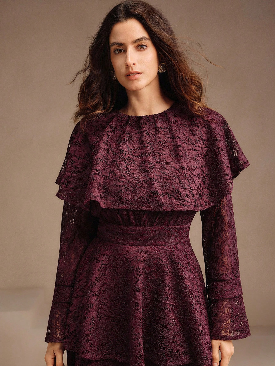 Lace Maroon ruffle Maxi dress