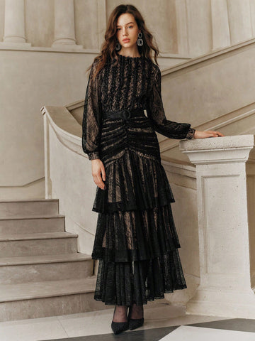 Black lace Ruffle maxi dress