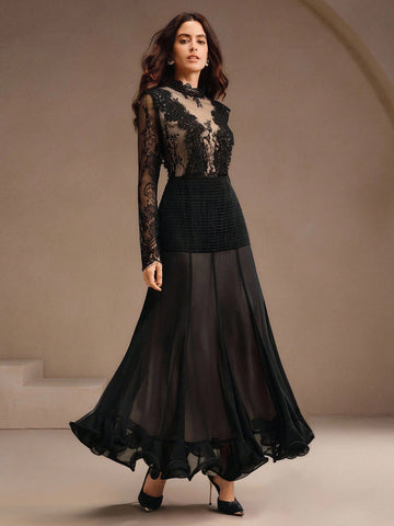 Patchwork black lace maxi dress