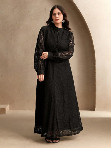 Plus black lace button down maxi dress