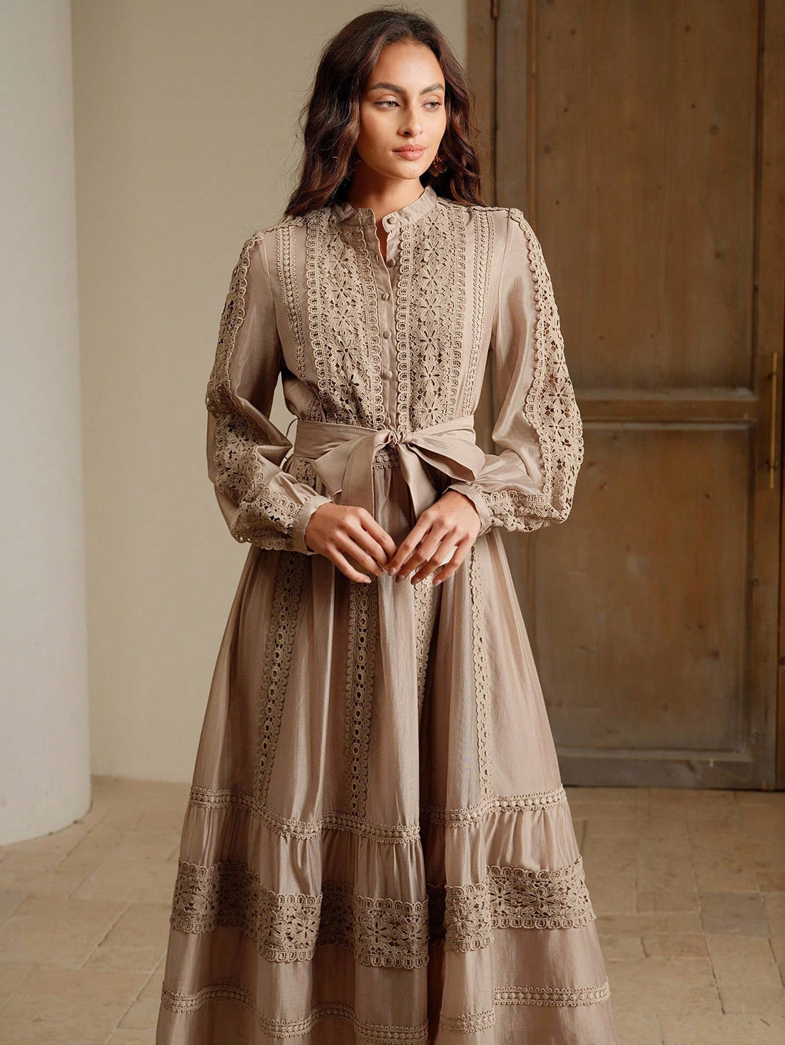 Beige lace elegant tie dress